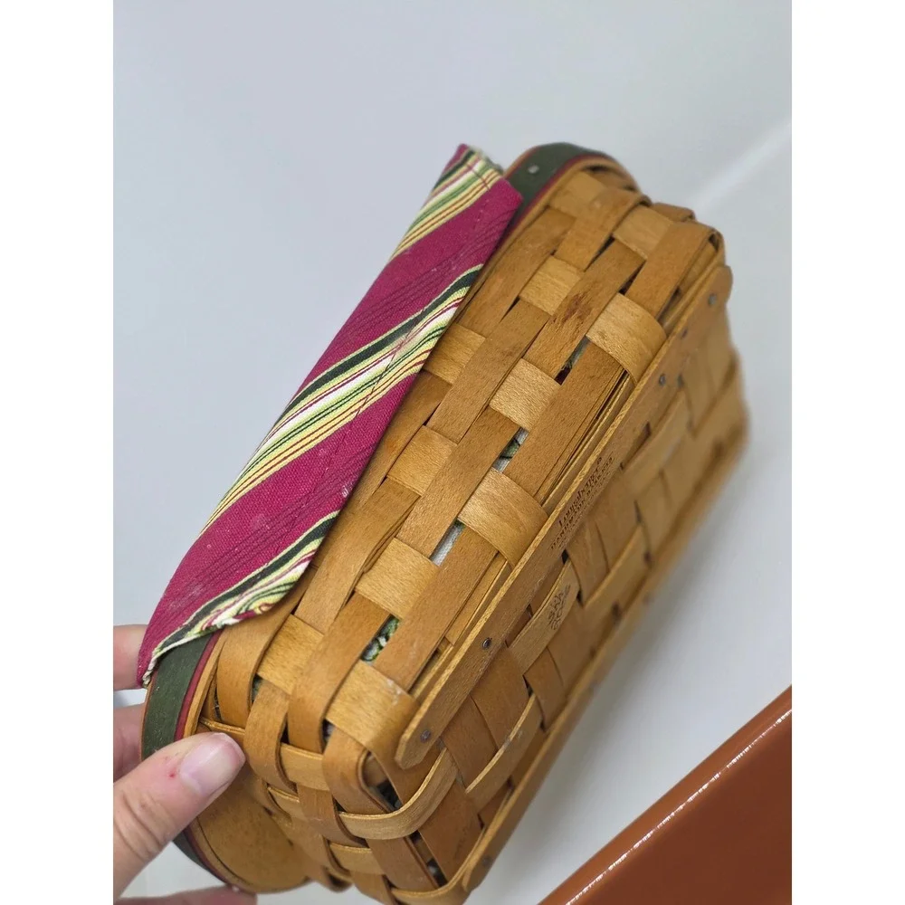 Longaberger Holiday Helper Basket Brown Red Striped Liner Pottery Casserole Dish